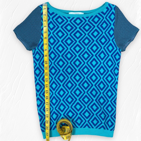 Ann Taylor Loft  Short Sleeve Sweater Geometric Diamond Print Aqua Blue Size XS - Picture 7 of 14
